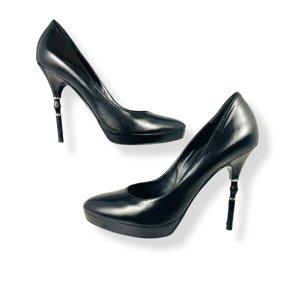 Gucci Malibu Bamboo Heel Platform Pumps Black Leather Frida Giannini 37 - Picture 6 of 6